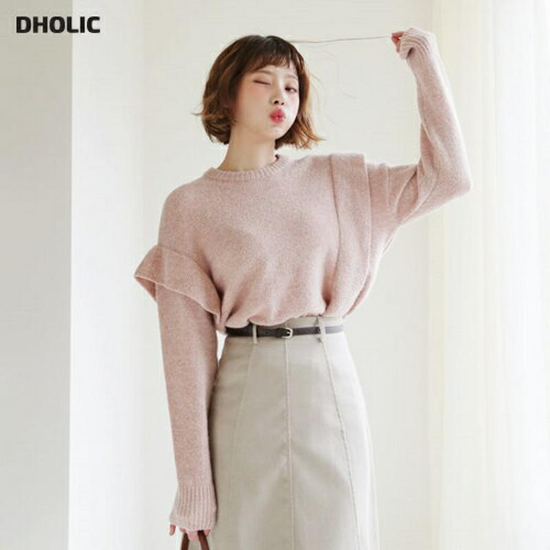 【只今10%OFF】アンバランスフリルニット・全3色・b62068 レディース 【tops】【韓国 ファッション トップス ニット ラウンドネック　長袖 ロングスリーブ ルーズ ゆったり 体型カバー ロング お尻カバー メランジ アシンメトリー ユニーク カジュアル 秋 冬】