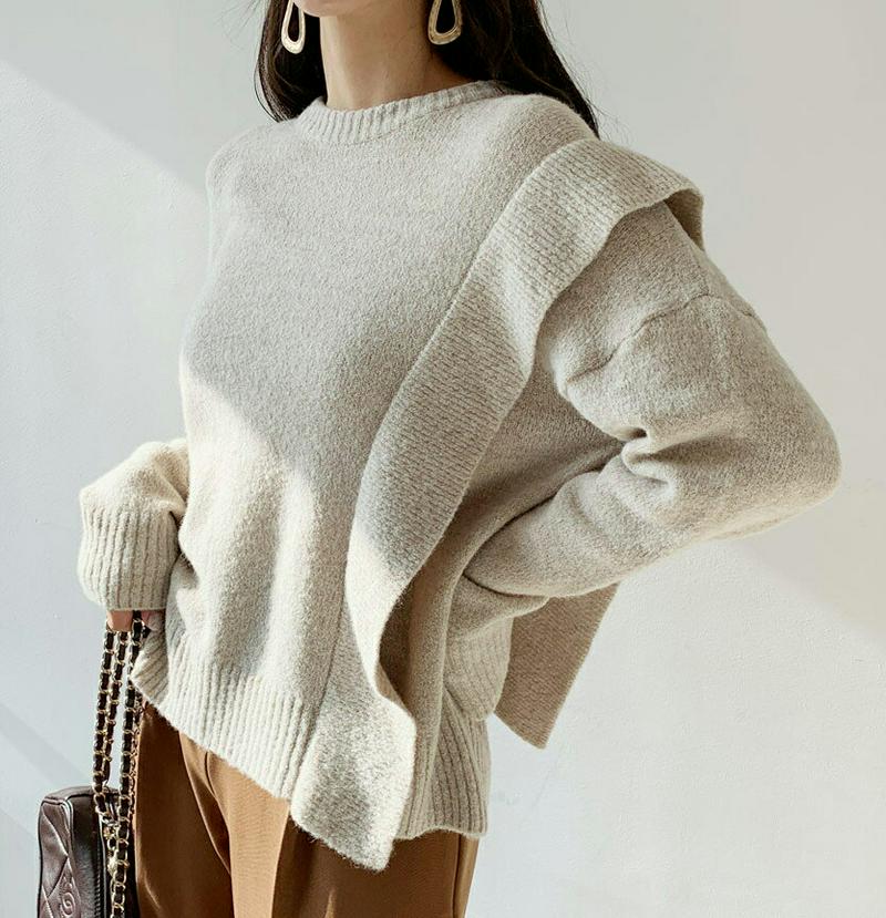 【只今10%OFF】アンバランスフリルニット・全3色・b62068 レディース 【tops】【韓国 ファッション トップス ニット ラウンドネック　長袖 ロングスリーブ ルーズ ゆったり 体型カバー ロング お尻カバー メランジ アシンメトリー ユニーク カジュアル 秋 冬】
