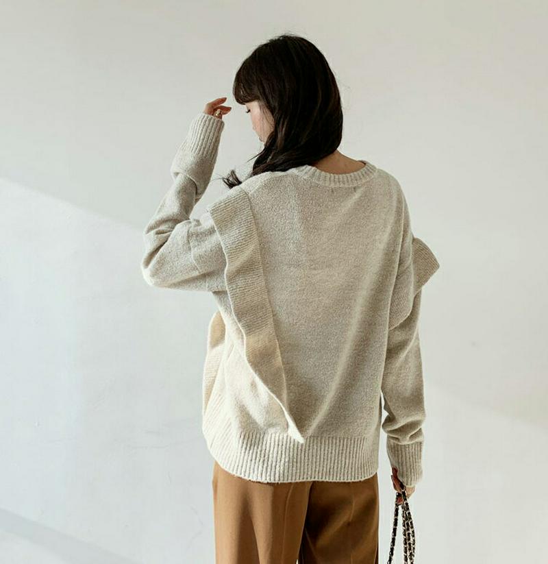 【只今10%OFF】アンバランスフリルニット・全3色・b62068 レディース 【tops】【韓国 ファッション トップス ニット ラウンドネック　長袖 ロングスリーブ ルーズ ゆったり 体型カバー ロング お尻カバー メランジ アシンメトリー ユニーク カジュアル 秋 冬】