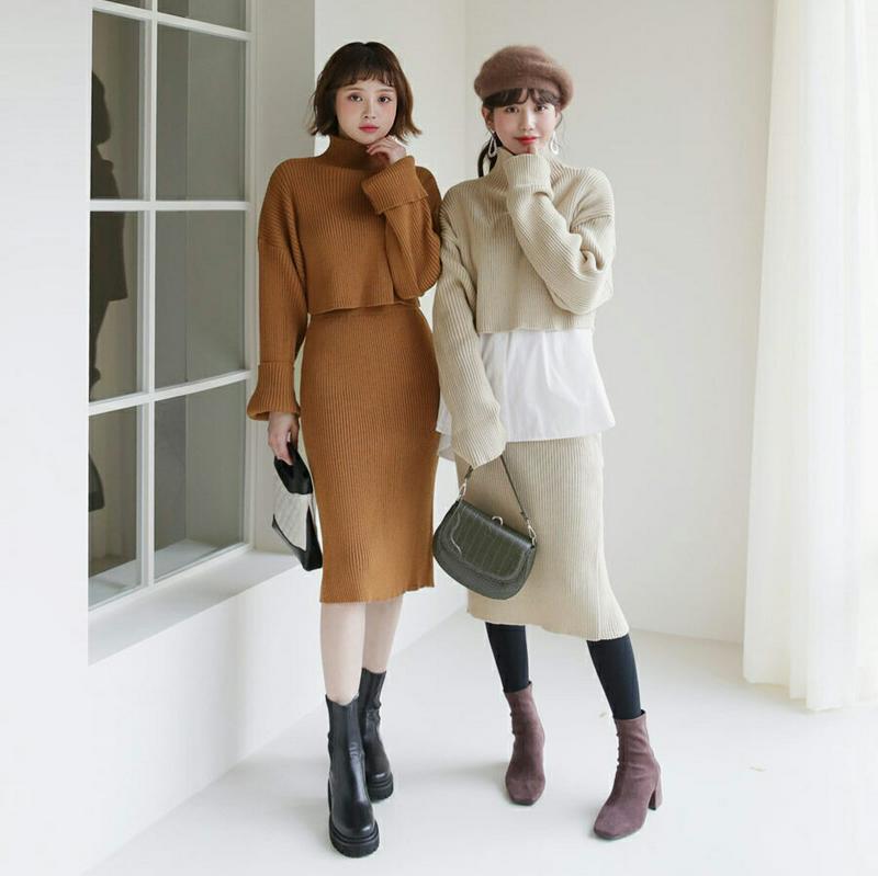 クロップドニット&スカートSET・全4色・b62092 レディース 【ops】【韓国 ファッション セットアップ ニット ハイネック 長袖 ロングスリーブ クロップド スカート Hライン タイト 細身 スリム リブニット 無地 カジュアル 秋 冬】