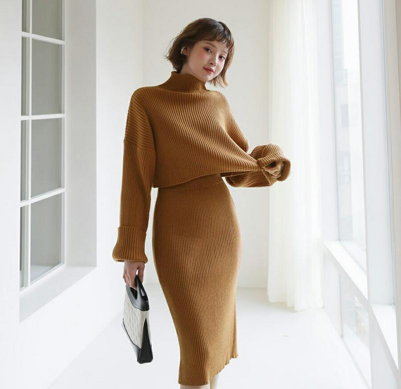 クロップドニット&スカートSET・全4色・b62092 レディース 【ops】【韓国 ファッション セットアップ ニット ハイネック 長袖 ロングスリーブ クロップド スカート Hライン タイト 細身 スリム リブニット 無地 カジュアル 秋 冬】