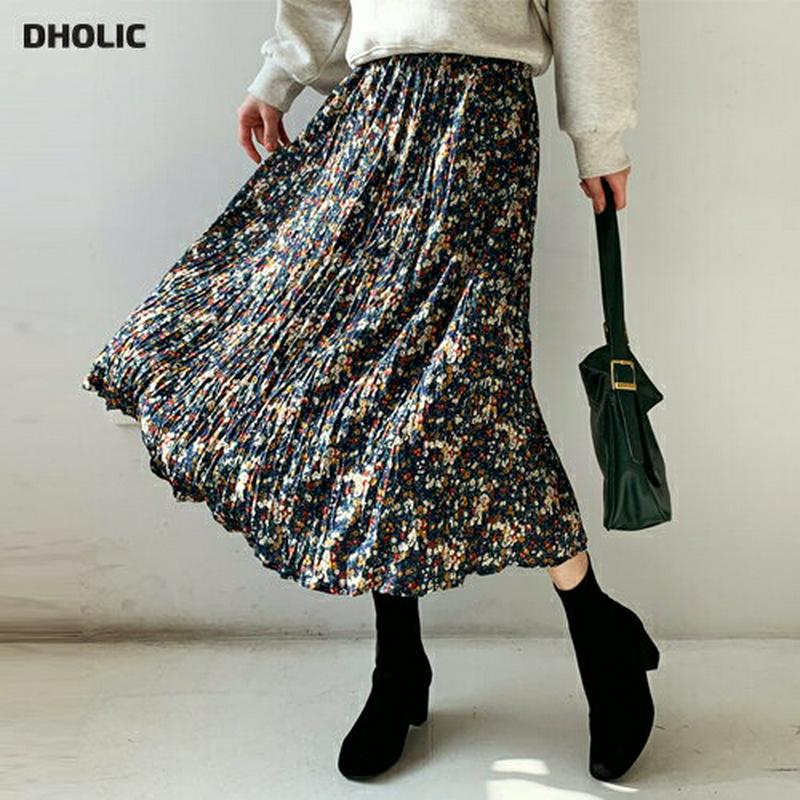 花柄リンクルスカート・全3色・b62064 レディース 【sk】【韓国 ファッション ボトムス スカート ロング フレア Aライン 柄 パターン ウエストゴム 揺れる 揺れ感 カジュアル 秋 冬】