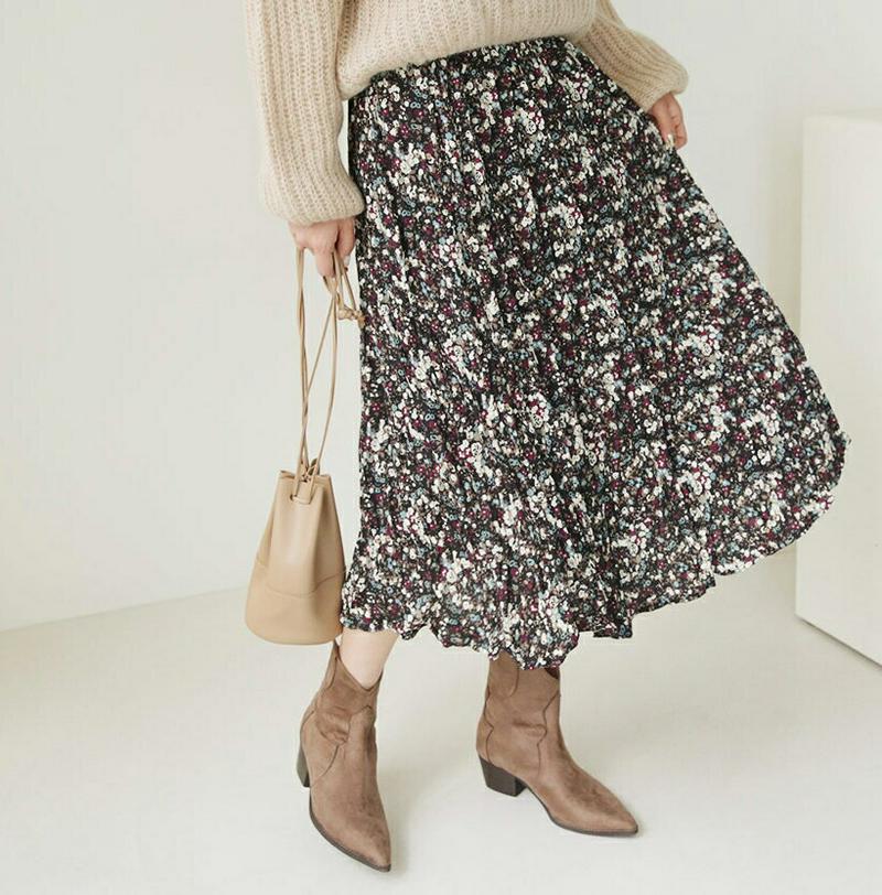 花柄リンクルスカート・全3色・b62064 レディース 【sk】【韓国 ファッション ボトムス スカート ロング フレア Aライン 柄 パターン ウエストゴム 揺れる 揺れ感 カジュアル 秋 冬】