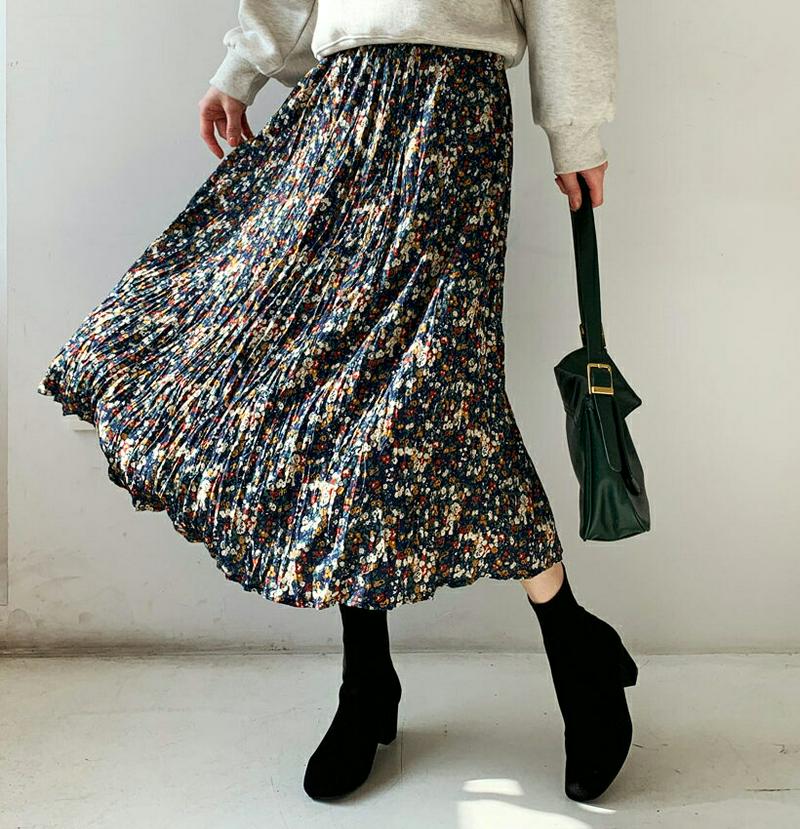 花柄リンクルスカート・全3色・b62064 レディース 【sk】【韓国 ファッション ボトムス スカート ロング フレア Aライン 柄 パターン ウエストゴム 揺れる 揺れ感 カジュアル 秋 冬】