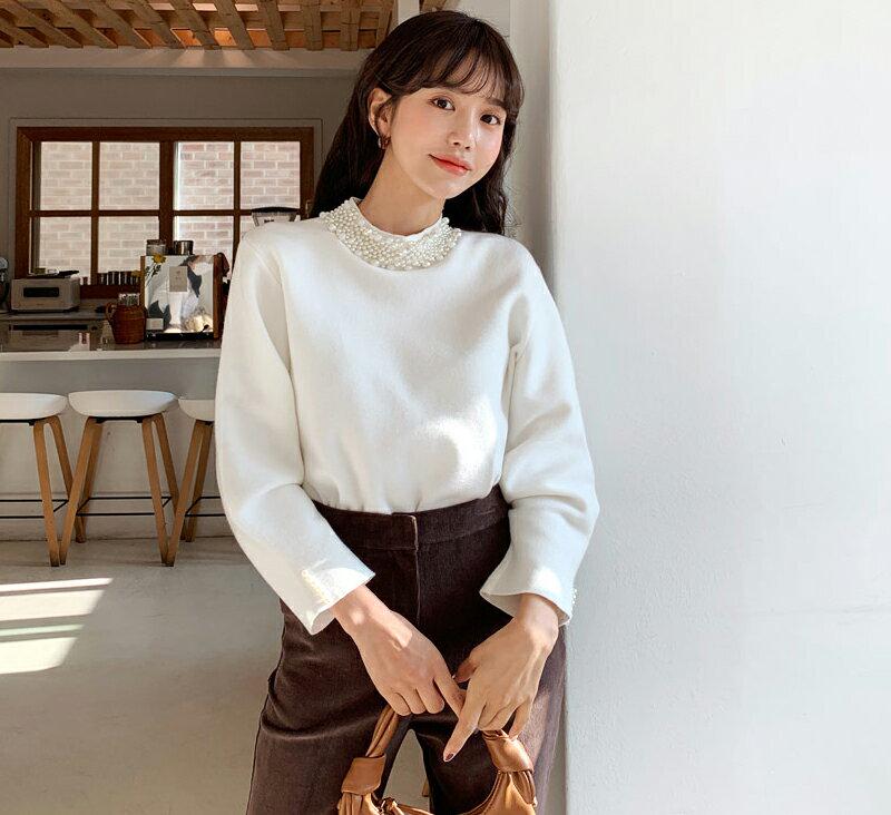 パールハーフネックニット・全2色・b62010 レディース 【tops】【韓国 ファッション トップス ニット ラウンドネック モックネック 長袖 無地 ハイゲージ 上品 大人 エレガント 高見え きれいめ　オシャレ着 カジュアル 秋 冬】