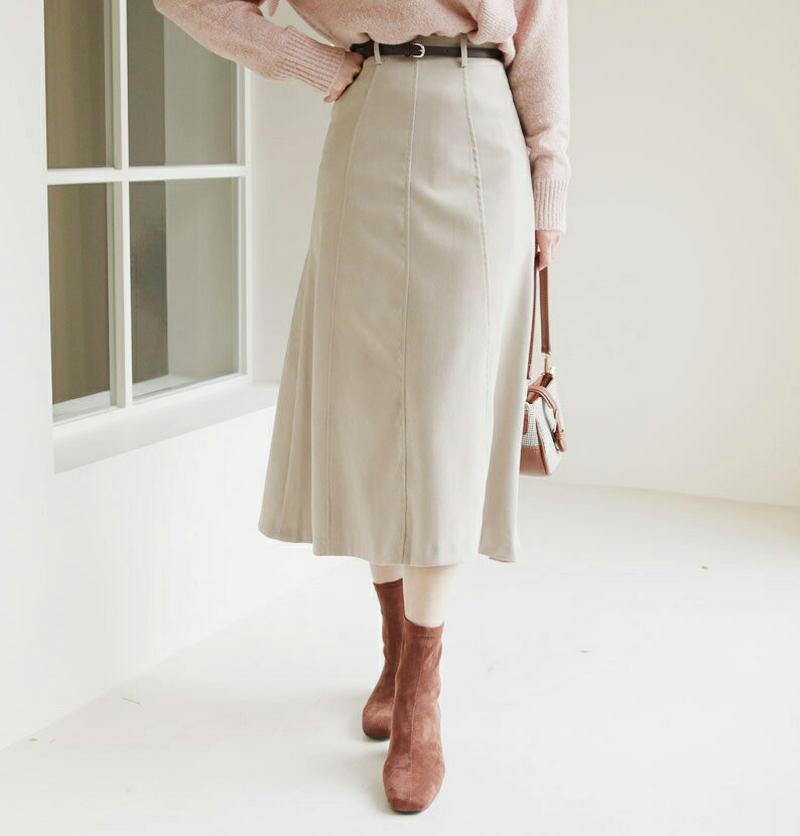 【只今10%OFF】ベルト付フレアスカート・全3色・t62070 レディース 【sk】【韓国 ファッション ボトムス スカート ロング ミモレ Aライン フレア タイト スリム 無地 パネル 大人 上品 カジュアル 秋 冬】