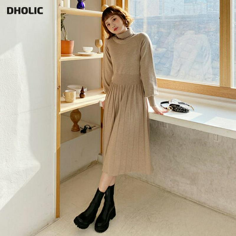 【只今10%OFF】ラグランプリーツニットワンピース・全3色・b62088 レディース 【ops】【韓国 ファッション ワンピース ロング Aライン フレア ニット タートルネック ハイネック 長袖 パフスリーブ ぼわん袖 ボリューム袖 スリム 細身 無地 カジュアル 秋 冬】