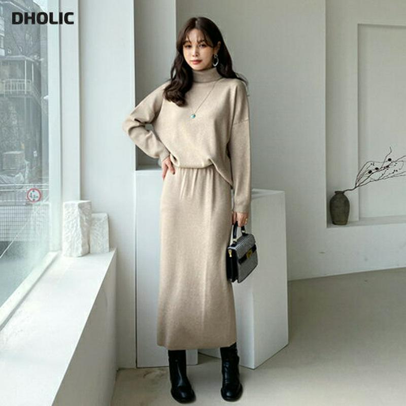 【只今10%OFF】タートルニット&スカートSET・全2色・b65468 レディース 【ops】【セットアップ setup トップス ニット ニットトップス 長袖 タートル タートルネック 単色 無地 シンプル スカート ロングスカート Hライン 秋 冬 韓国 ファッション】【ハイホリHIHOLLI】