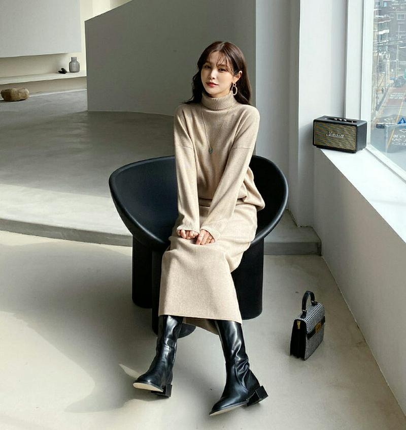 【只今10%OFF】タートルニット&スカートSET・全2色・b65468 レディース 【ops】【セットアップ setup トップス ニット ニットトップス 長袖 タートル タートルネック 単色 無地 シンプル スカート ロングスカート Hライン 秋 冬 韓国 ファッション】【ハイホリHIHOLLI】