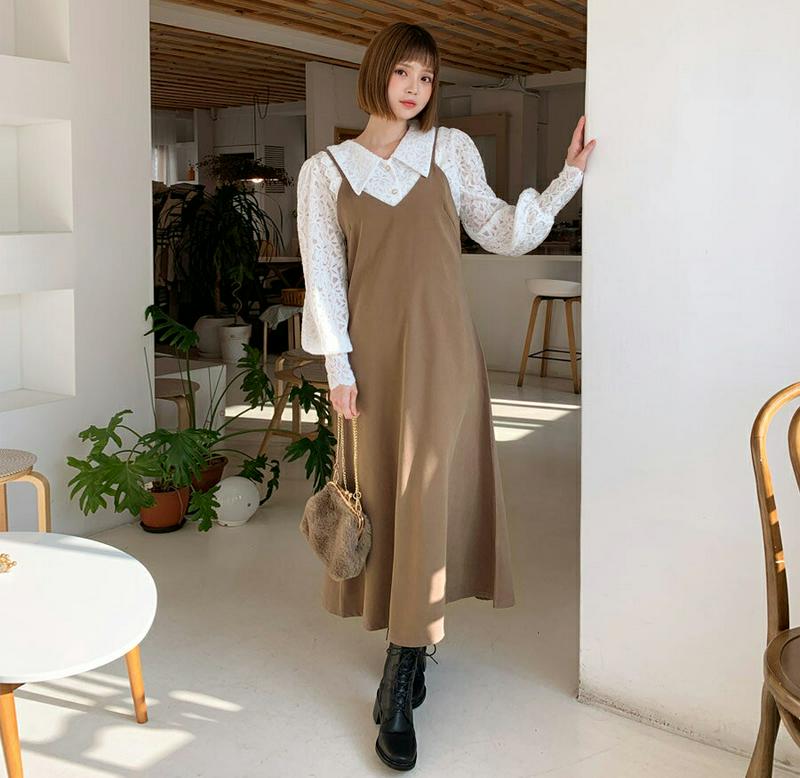 【只今10%OFF】スリーブレスワンピース・全2色・b62084 レディース 【ops】【韓国 ファッション ワンピース ロング フレア Aライン キャミソール Vネック ノースリーブ 無地 体型カバー カジュアル 秋 冬】