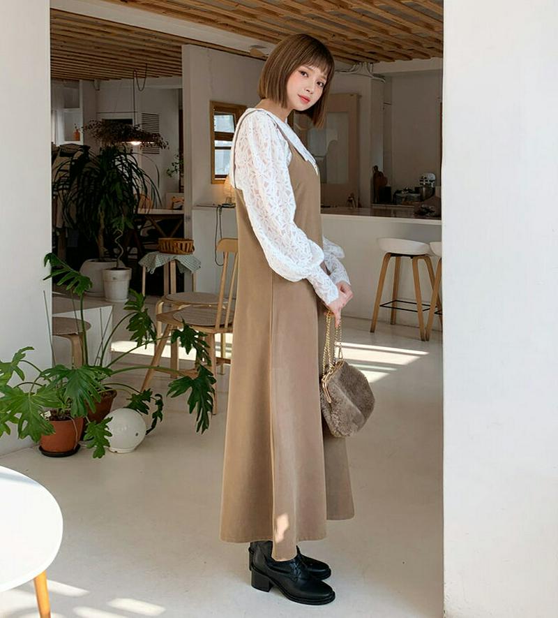 【只今10%OFF】スリーブレスワンピース・全2色・b62084 レディース 【ops】【韓国 ファッション ワンピース ロング フレア Aライン キャミソール Vネック ノースリーブ 無地 体型カバー カジュアル 秋 冬】