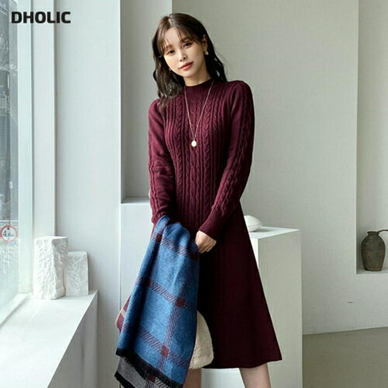 ツイストニットフレアワンピース・全5色・b65461 レディース 【ops】【ワンピース ミディ丈 ミディワンピース 長袖 ニット ニットワンピース フレア フレアワンピース ツイスト 単色 シンプル 秋 冬 韓国 ファッション】【ハイホリHIHOLLI】