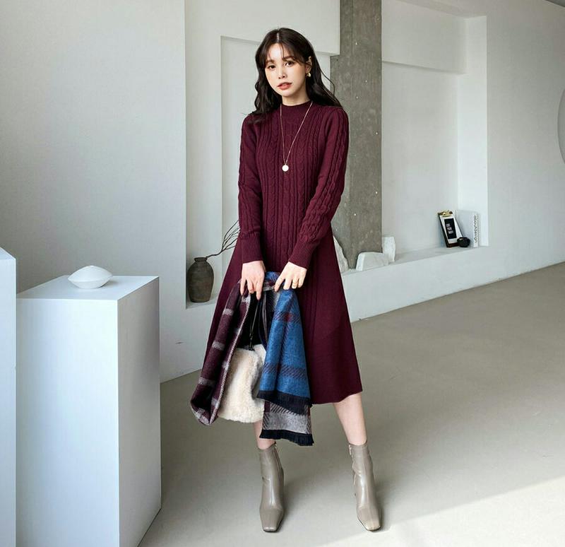 ツイストニットフレアワンピース・全5色・b65461 レディース 【ops】【ワンピース ミディ丈 ミディワンピース 長袖 ニット ニットワンピース フレア フレアワンピース ツイスト 単色 シンプル 秋 冬 韓国 ファッション】【ハイホリHIHOLLI】