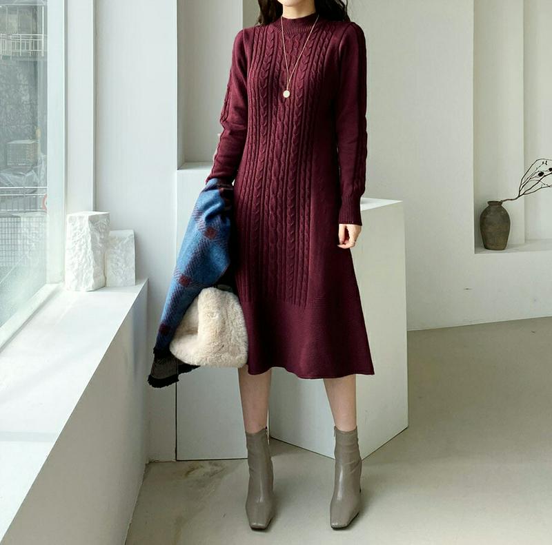 ツイストニットフレアワンピース・全5色・b65461 レディース 【ops】【ワンピース ミディ丈 ミディワンピース 長袖 ニット ニットワンピース フレア フレアワンピース ツイスト 単色 シンプル 秋 冬 韓国 ファッション】【ハイホリHIHOLLI】