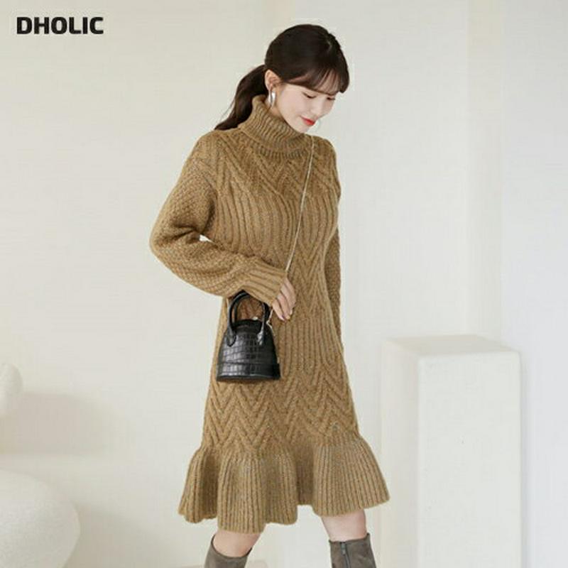 ジグザグニットワンピース・全3色・b62087 レディース 【ops】【韓国 ファッション ワンピース ショート ミニ Aライン フレア ニット タートルネック ハイネック 長袖 ロングスリーブ スリム 細身 無地 カジュアル 秋 冬】