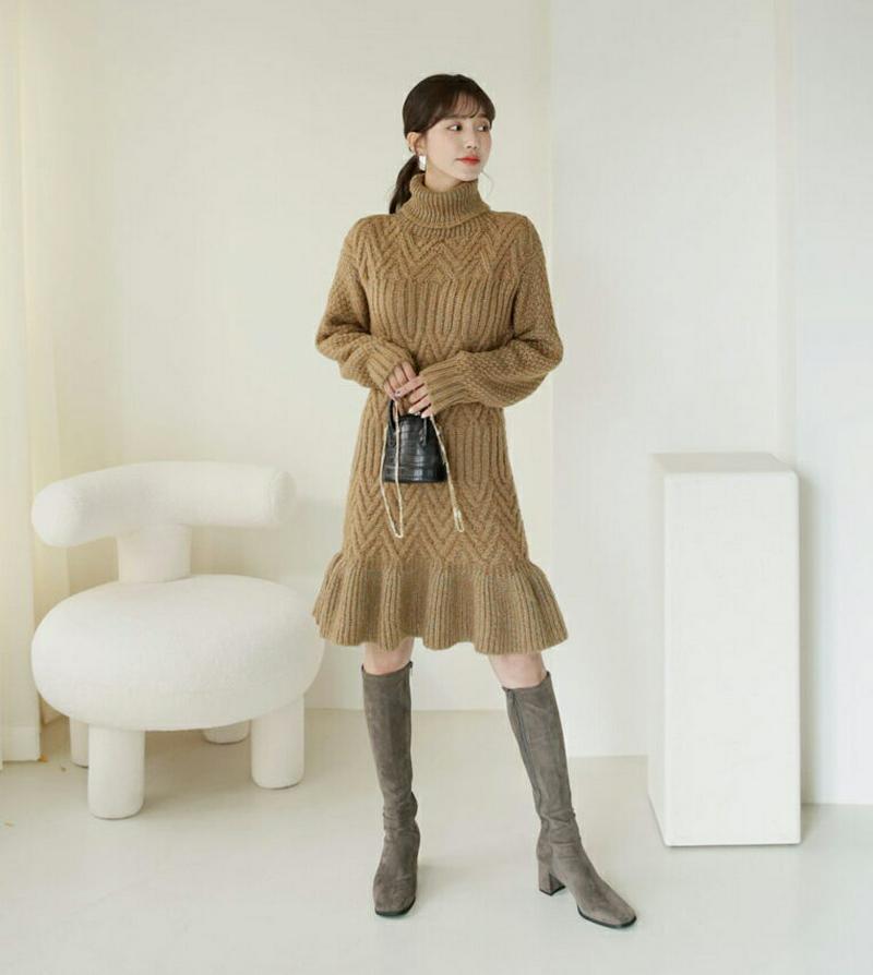 ジグザグニットワンピース・全3色・b62087 レディース 【ops】【韓国 ファッション ワンピース ショート ミニ Aライン フレア ニット タートルネック ハイネック 長袖 ロングスリーブ スリム 細身 無地 カジュアル 秋 冬】