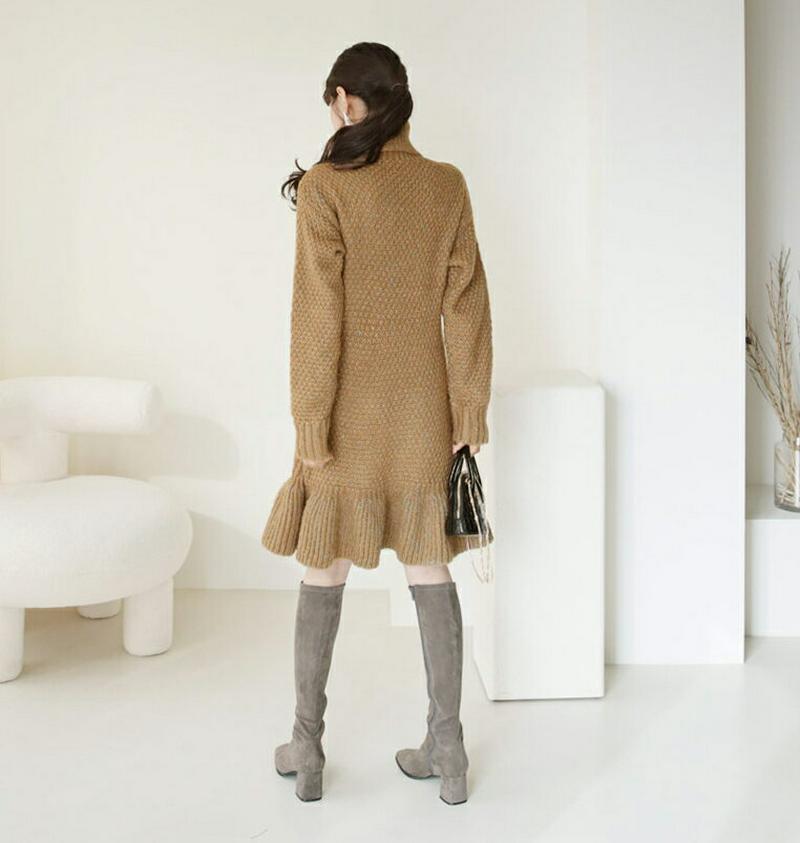 ジグザグニットワンピース・全3色・b62087 レディース 【ops】【韓国 ファッション ワンピース ショート ミニ Aライン フレア ニット タートルネック ハイネック 長袖 ロングスリーブ スリム 細身 無地 カジュアル 秋 冬】