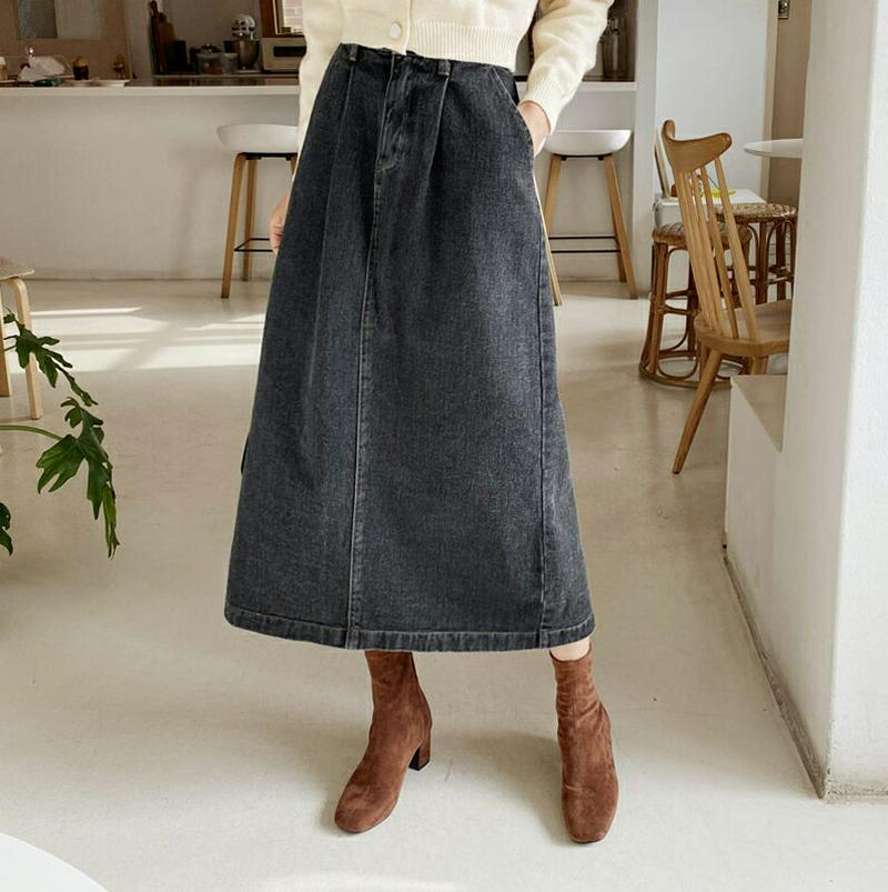 【只今10%OFF】デニムロングスカート・全1色・t62079 レディース 【sk】【韓国 ファッション ボトムス スカート ロング デニム Aライン フレア ウォッシュドデニム カジュアル 秋 冬】