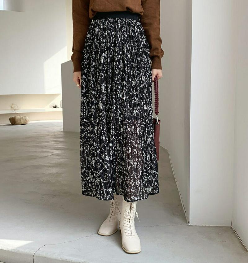 【只今10%OFF】フラワープリーツスカート・全2色・b65488 レディース 【sk】【スカート ロング ロングスカート プリーツ プリーツスカート 花柄　フラワー フェミニン レディ ウエストゴム 楽ちん 秋 冬 韓国 ファッション】【ハイホリHIHOLLI】