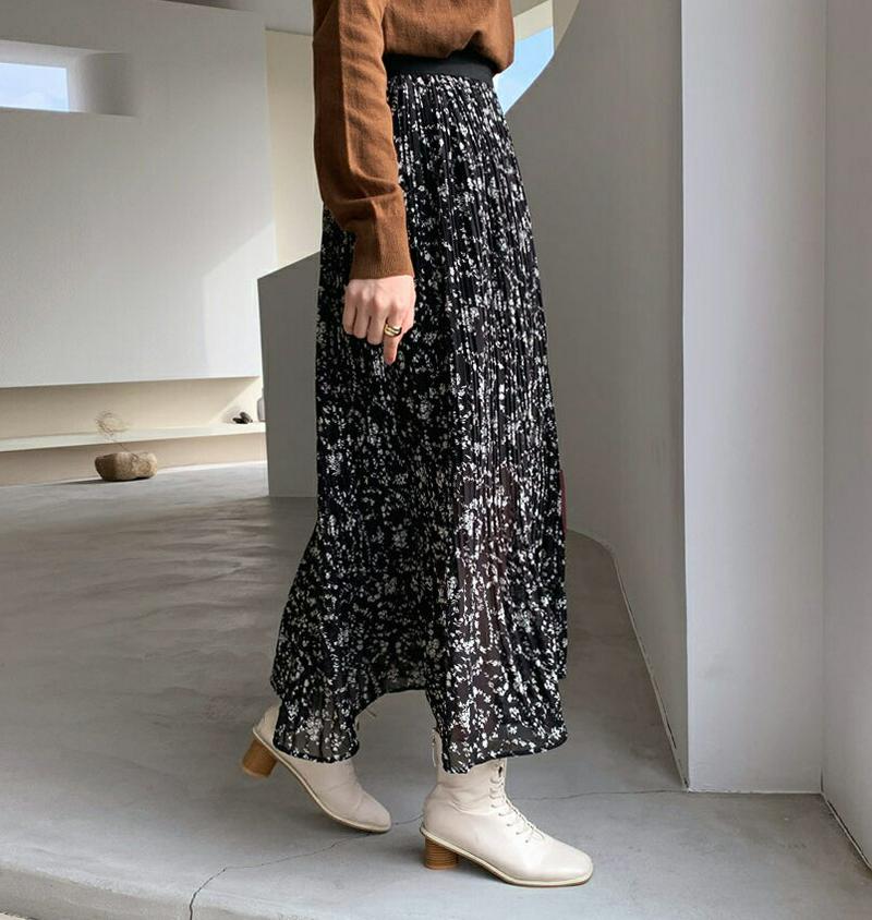 【只今10%OFF】フラワープリーツスカート・全2色・b65488 レディース 【sk】【スカート ロング ロングスカート プリーツ プリーツスカート 花柄　フラワー フェミニン レディ ウエストゴム 楽ちん 秋 冬 韓国 ファッション】【ハイホリHIHOLLI】