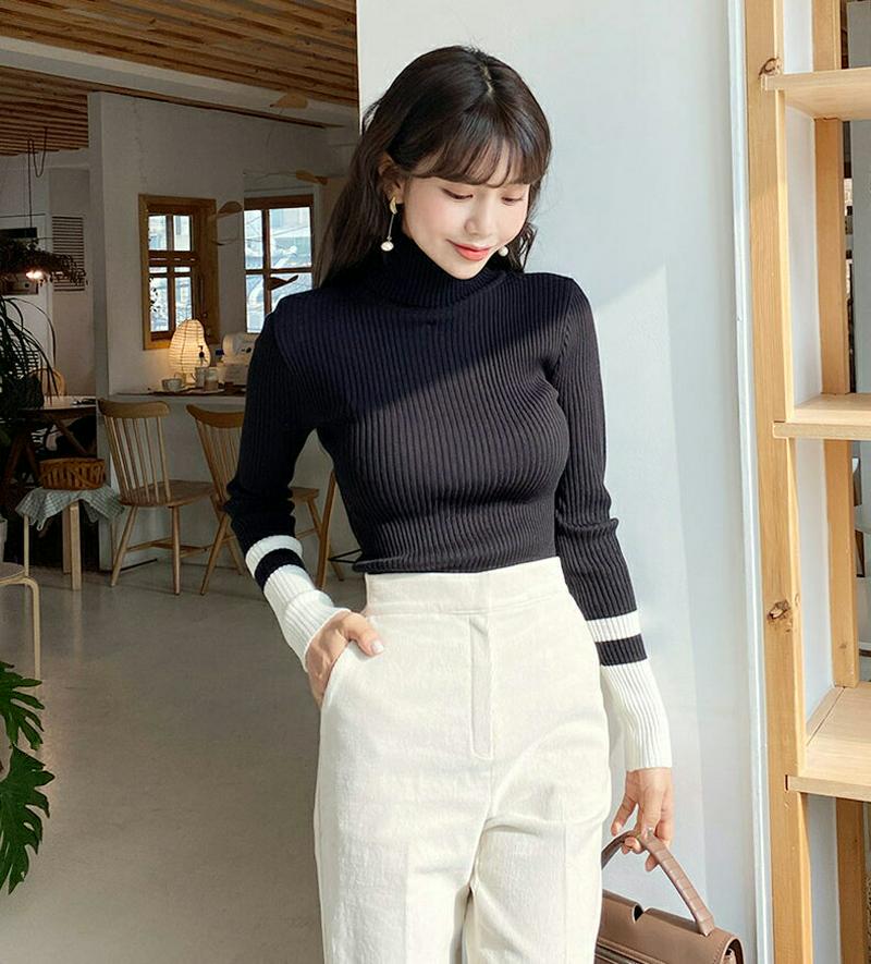 配色スリーブタートルニット・全2色・b62071 レディース 【tops】【韓国 ファッション トップス ニット ハイネック 長袖 リブニット スリム 細身 タイト デイリー カジュアル 秋 冬】