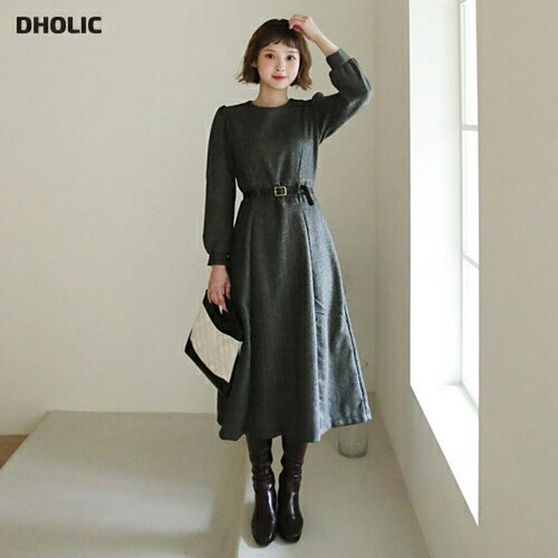 ベルト付パフワンピース・全2色・t62085 レディース 【ops】【韓国 ファッション ワンピース フレア Aライン ラウンドネック 長袖 パフスリーブ ぼわん袖 ボリューム袖 端正 ガーリー きれいめ 上品 カジュアル 秋 冬】