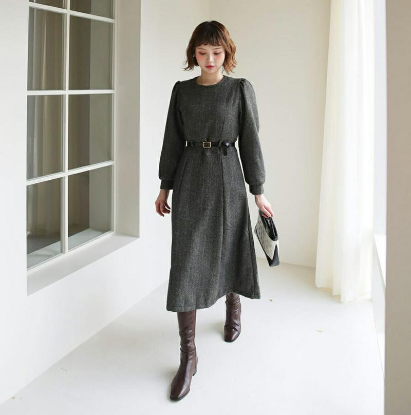 ベルト付パフワンピース・全2色・t62085 レディース 【ops】【韓国 ファッション ワンピース フレア Aライン ラウンドネック 長袖 パフスリーブ ぼわん袖 ボリューム袖 端正 ガーリー きれいめ 上品 カジュアル 秋 冬】