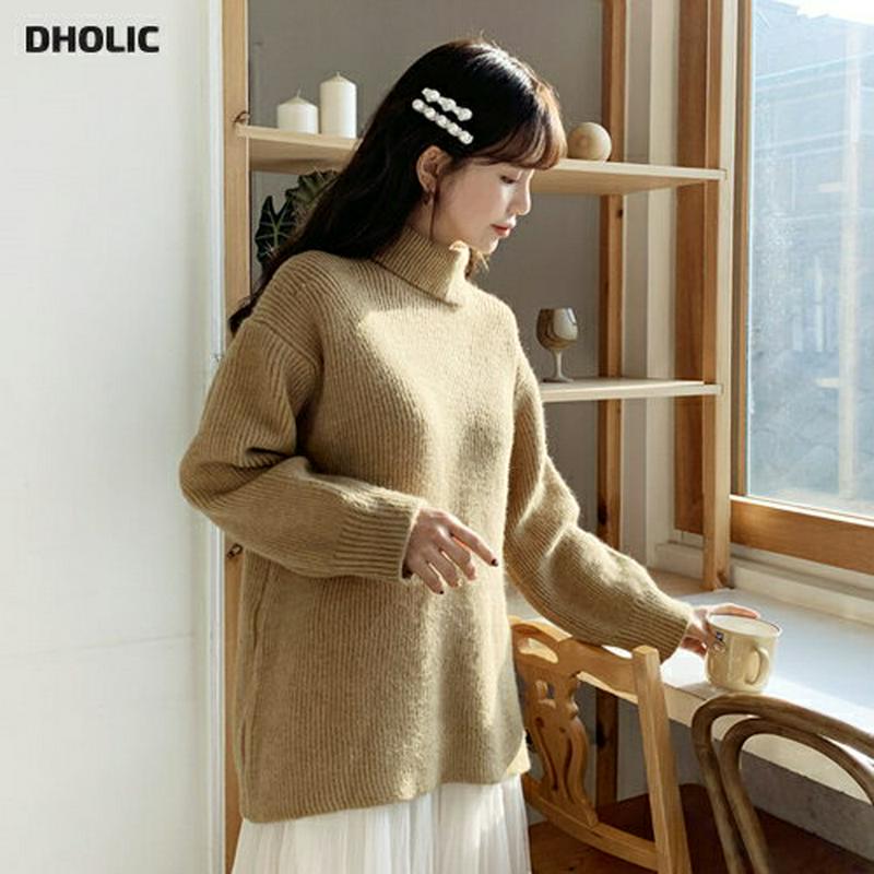 【只今10%OFF】スリットタートルニット・全2色・b62077 レディース 【tops】【韓国 ファッション トップス ニット ハイネック 長袖 ロングスリーブ リブニット ルーズ ゆったり　オーバーサイズ 体型カバー ドロップショルダー ロング お尻カバー 無地 カジュアル 秋 冬】
