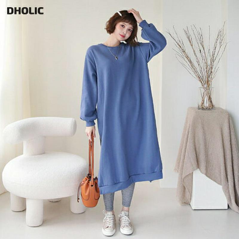 【只今10%OFF】裏起毛ロングスウェット・全3色・b62023 レディース 【ops】【韓国 ファッション ワンピース ロング ラウンドネック 長袖 ボリューム袖 ぼわん袖 パフスリーブ Hライン Tシャツ カットソー 無地 カジュアル 秋 冬】