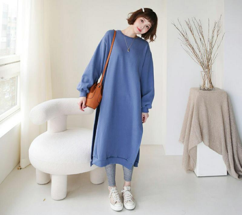 【只今10%OFF】裏起毛ロングスウェット・全3色・b62023 レディース 【ops】【韓国 ファッション ワンピース ロング ラウンドネック 長袖 ボリューム袖 ぼわん袖 パフスリーブ Hライン Tシャツ カットソー 無地 カジュアル 秋 冬】