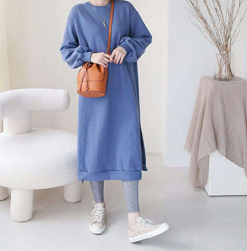 【只今10%OFF】裏起毛ロングスウェット・全3色・b62023 レディース 【ops】【韓国 ファッション ワンピース ロング ラウンドネック 長袖 ボリューム袖 ぼわん袖 パフスリーブ Hライン Tシャツ カットソー 無地 カジュアル 秋 冬】