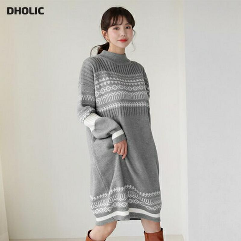 ノルディックニットワンピース・全3色・b62086 レディース 【ops】【韓国 ファッション ワンピース ミディ ミディアム ミドル 膝丈 ニット モックネック ハーフネック 長袖 ロングスリーブ パターン 柄 Hライン 北欧 クリスマス チュニック カジュアル 冬】