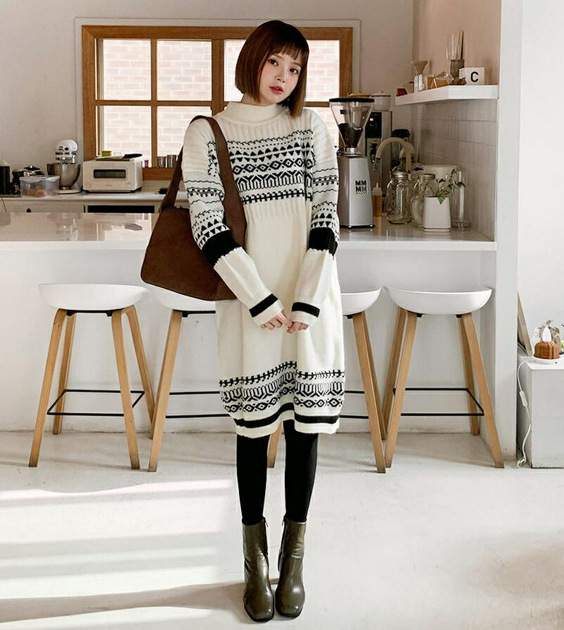 ノルディックニットワンピース・全3色・b62086 レディース 【ops】【韓国 ファッション ワンピース ミディ ミディアム ミドル 膝丈 ニット モックネック ハーフネック 長袖 ロングスリーブ パターン 柄 Hライン 北欧 クリスマス チュニック カジュアル 冬】
