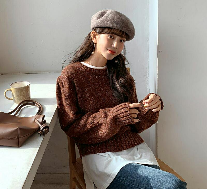 【只今10%OFF】カラーミックスパフニット・全4色・t62011 レディース 【tops】【韓国 ファッション トップス ニット ラウンドネック リブヘム 長袖 ロングスリーブ ルーズ ゆったり 無地 ショート クロップド カジュアル 秋 冬】