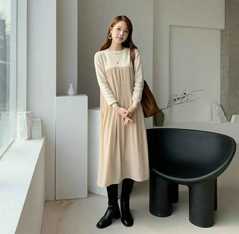 【只今10%OFF】リンクルニットワンピース・全2色・b65477 レディース 【ops】【ワンピース ミディ丈 ミディワンピース ニット ニットワンピース 長袖 リンクル 異素材ミックス リブニット カジュアル 大人 秋 冬 韓国 ファッション】【ハイホリHIHOLLI】