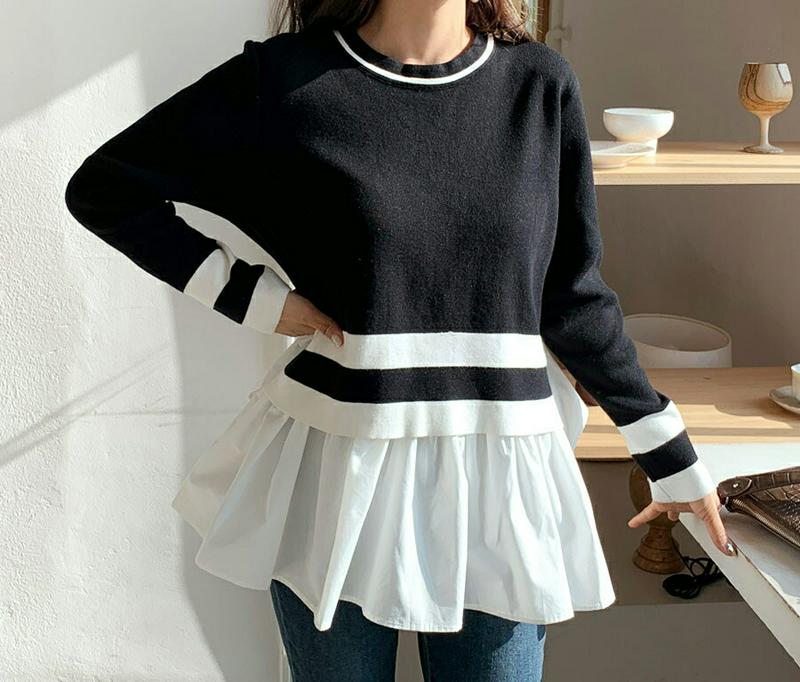 【只今10%OFF】配色フレアヘムニット・全2色・b62026 レディース 【tops】【韓国 ファッション トップス ニット ラウンドネック　長袖 フレアヘム 異素材ミックス レイヤード風 レイヤード調 カジュアル 秋 冬】