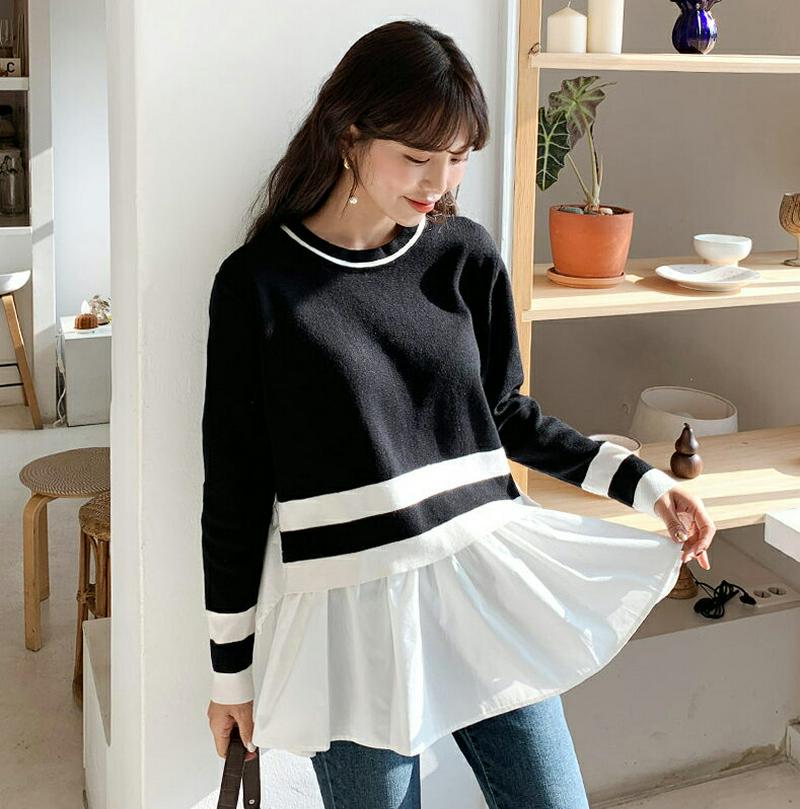 【只今10%OFF】配色フレアヘムニット・全2色・b62026 レディース 【tops】【韓国 ファッション トップス ニット ラウンドネック　長袖 フレアヘム 異素材ミックス レイヤード風 レイヤード調 カジュアル 秋 冬】