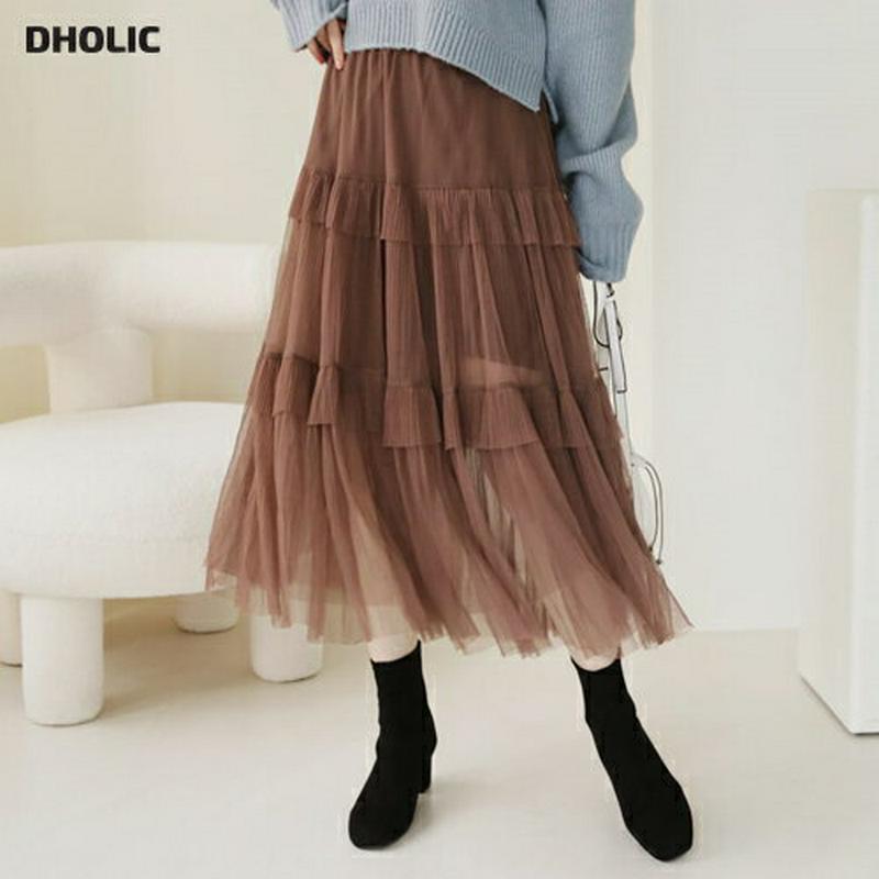 フリルチュールスカート・全4色・b62076 レディース 【sk】【韓国 ファッション ボトムス スカート ロング フレア Aライン ティアード チュール シアー 揺れる 揺れ感 シースルー 透ける カジュアル 秋 冬】