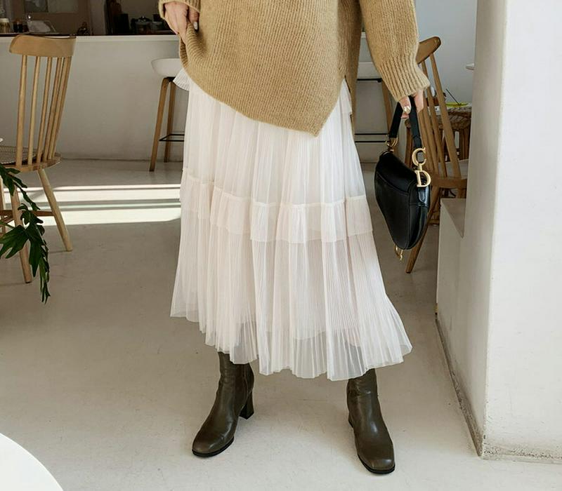 フリルチュールスカート・全4色・b62076 レディース 【sk】【韓国 ファッション ボトムス スカート ロング フレア Aライン ティアード チュール シアー 揺れる 揺れ感 シースルー 透ける カジュアル 秋 冬】