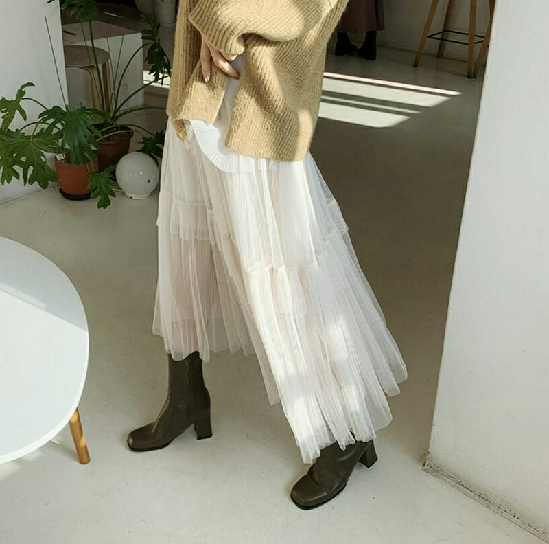 フリルチュールスカート・全4色・b62076 レディース 【sk】【韓国 ファッション ボトムス スカート ロング フレア Aライン ティアード チュール シアー 揺れる 揺れ感 シースルー 透ける カジュアル 秋 冬】