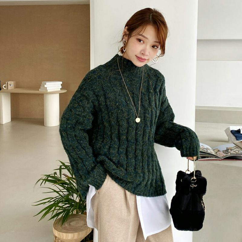 ツイストスリットニット・全4色・b65464 レディース 【tops】【トップス ニット ニットトップス 長袖 スリット ツイスト ツイストニット 単色 ゆったり オーバーサイズ カジュアル ハーフネック 秋 冬 韓国 ファッション】【ハイホリHIHOLLI】
