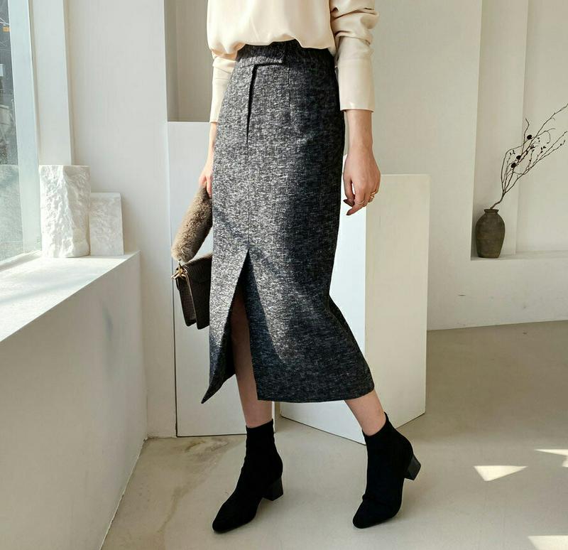 【只今10%OFF】メランジボタンスカート・全2色・t65490 レディース 【sk】【スカート ロング ロングスカート メランジ シック 大人 Hライン スリット オフィスカジュアル 秋 冬 韓国 ファッション】【ハイホリHIHOLLI】