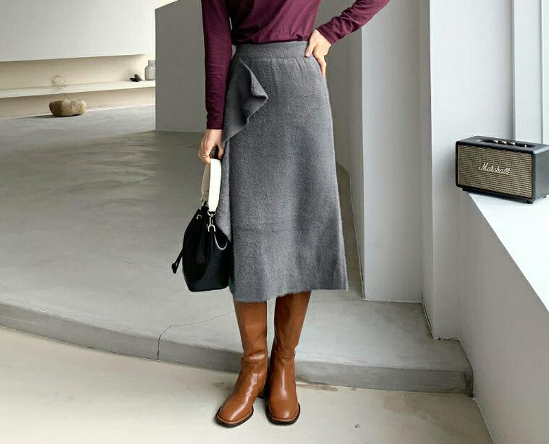 【只今10%OFF】ソフトフリルスカート全3色・b65489 レディース 【sk】【スカート ミディ丈 ミディスカート ソフト フリル ウエストゴム スリット ファー かわいい 可愛い 大人 秋 冬 韓国 ファッション】【ハイホリHIHOLLI】