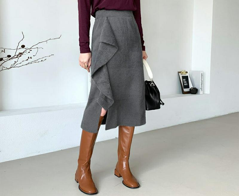 【只今10%OFF】ソフトフリルスカート全3色・b65489 レディース 【sk】【スカート ミディ丈 ミディスカート ソフト フリル ウエストゴム スリット ファー かわいい 可愛い 大人 秋 冬 韓国 ファッション】【ハイホリHIHOLLI】