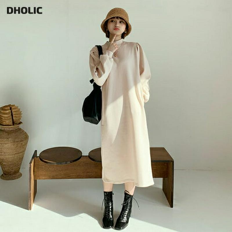 【新作10%OFF】裏起毛パフスリーブワンピース・全3色・b56358 レディース 【ops】【韓国 ファッション ワンピース ロング ミモレ丈 カラー 襟 モックネック ハーフネック ぼわん袖 ボリューム袖 パフスリーブ 長袖 Hライン ルーズ ゆったり カジュアル 秋 冬】