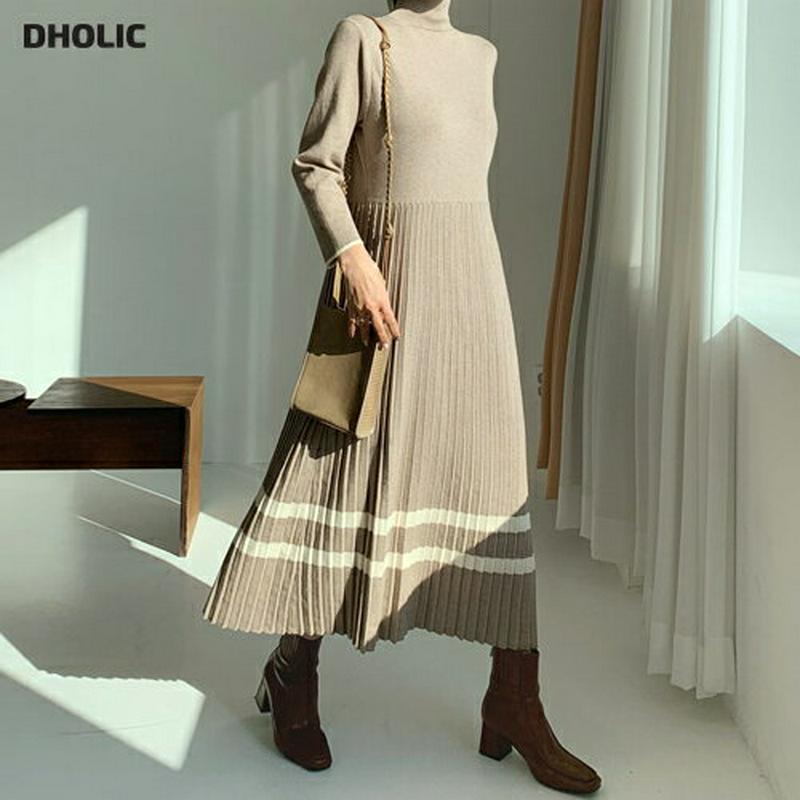 【新作10%OFF】タートルプリーツニットワンピース・全3色・b56359 レディース 【ops】【韓国 ファッション ワンピース ロング Aライン フレア ハイネック 長袖 スリム 細身 端正 大人 上品 カジュアル 秋 冬】