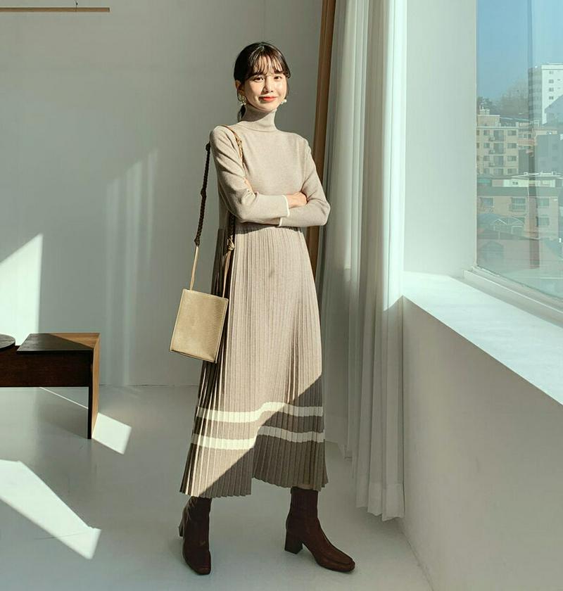 【新作10%OFF】タートルプリーツニットワンピース・全3色・b56359 レディース 【ops】【韓国 ファッション ワンピース ロング Aライン フレア ハイネック 長袖 スリム 細身 端正 大人 上品 カジュアル 秋 冬】