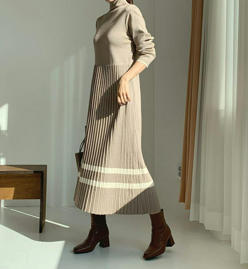 【新作10%OFF】タートルプリーツニットワンピース・全3色・b56359 レディース 【ops】【韓国 ファッション ワンピース ロング Aライン フレア ハイネック 長袖 スリム 細身 端正 大人 上品 カジュアル 秋 冬】