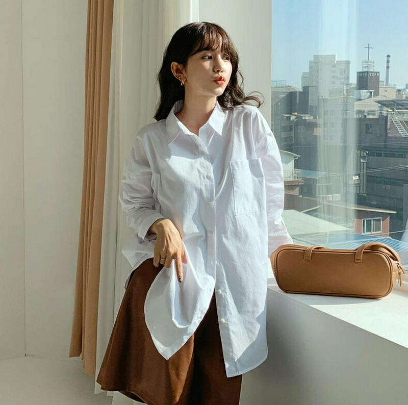 【新作10%OFF】ボクシーシャツ・全1色・t56381 レディース 【bl】【韓国 ファッション トップス ブラウス シャツ カラー 襟 ボタン 長袖 無地 ロング ルーズ ゆったり 体型カバー お尻カバー ラウンドヘム コットン100 カジュアル 秋 冬】