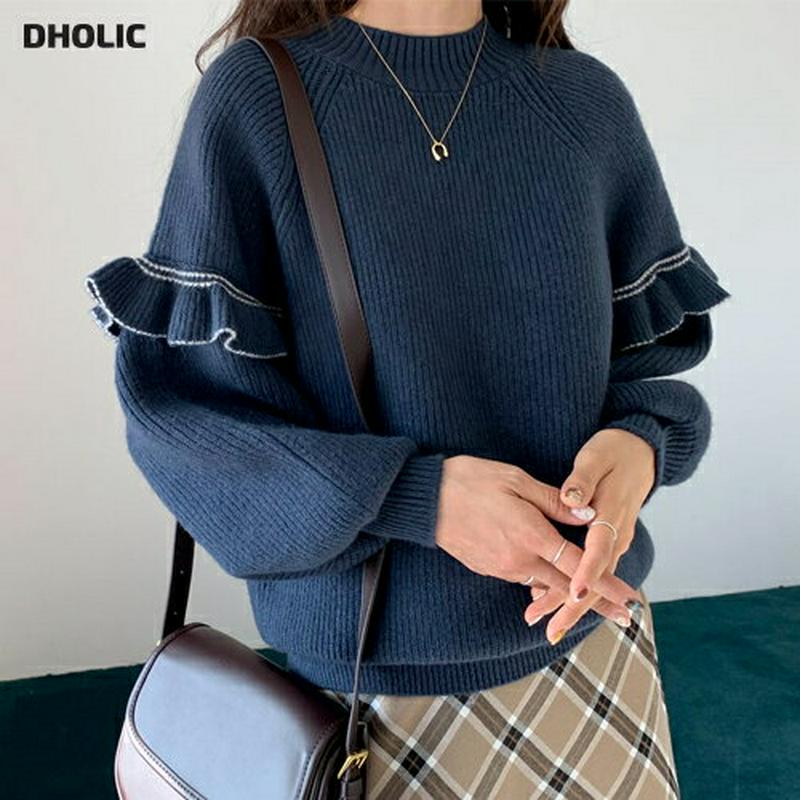 【マラソン特価】スリーブフリルニット・全2色・e56380 レディース 【tops】【韓国 ファッション トップス ニット　モックネック ラウンドネック 長袖　パフスリーブ ぼわん袖 ボリューム袖 無地 リブニット フリル ガーリー ラグランスリーブ カジュアル 秋 冬】